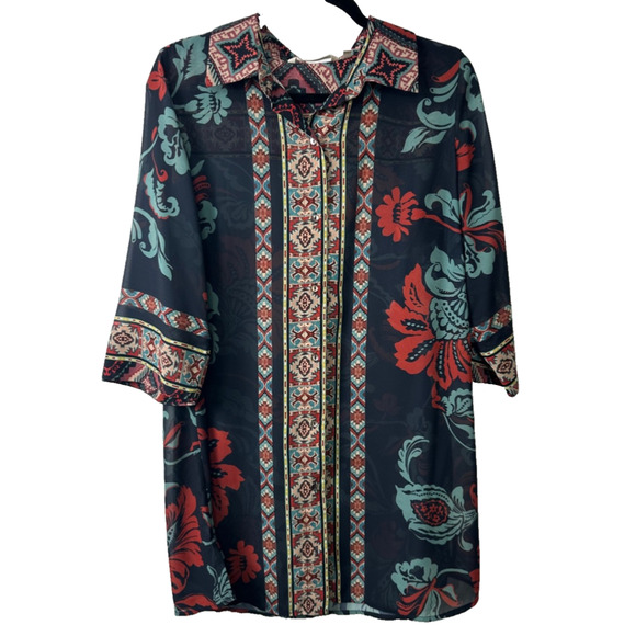 Soft Surroundings Tops - Soft Surroundings Sz M Black Tribal iKat Print Button Up Tunic Top Topper D36